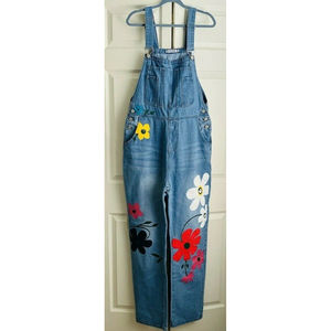 MissLook Overalls Jean Denim Flower Power Women 5XL Painted Hippie Boho Floral